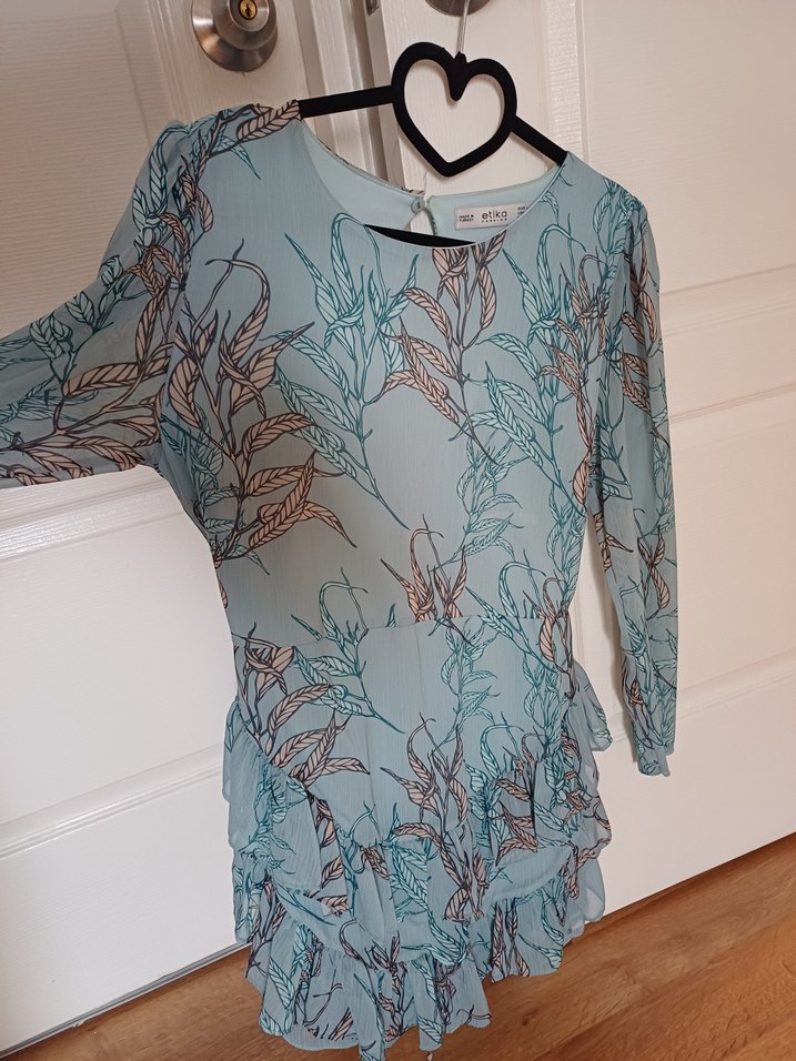 Bohem Uzun Kollu Turkuaz fırfırlı elbise - Görsel 2