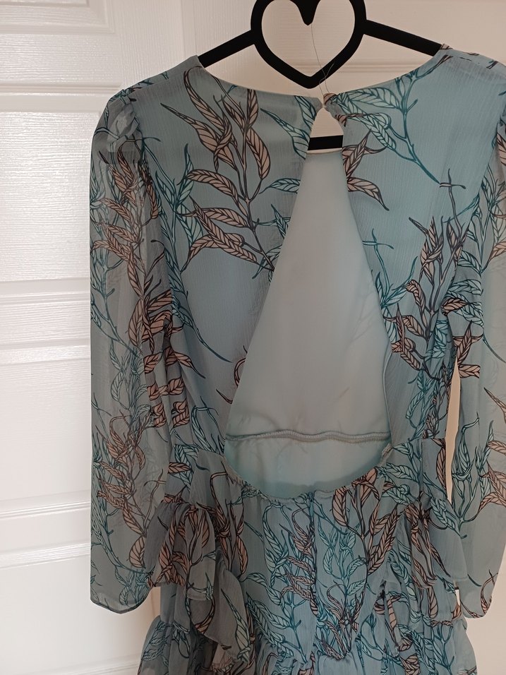 Bohem Uzun Kollu Turkuaz fırfırlı elbise - Görsel 4