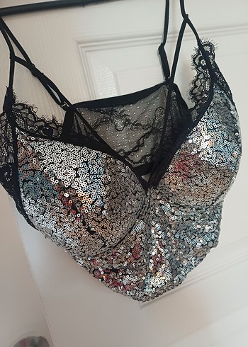 Gri Payetli Dantel Detaylı Strappy Büstiyer - Görsel 6