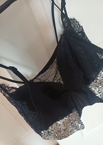 xl Beden gri Renk Gri Payetli Dantel Detaylı Strappy Büstiyer