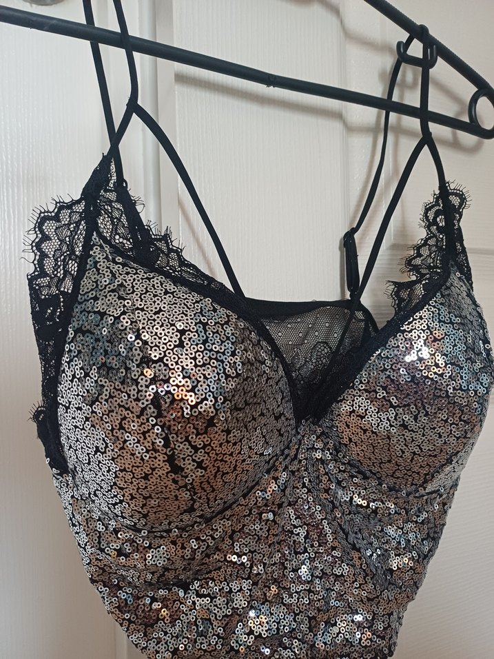 Gri Payetli Dantel Detaylı Strappy Büstiyer - Görsel 2