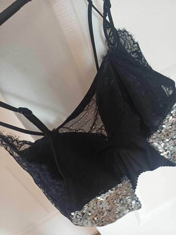 Gri Payetli Dantel Detaylı Strappy Büstiyer - Görsel 4