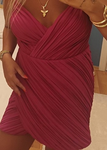 Piliseli Straplez Midi Pembe Elbise - Görsel 8