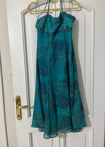 Turkuaz Drapeli Straplez Uzun Elbise - Görsel 2