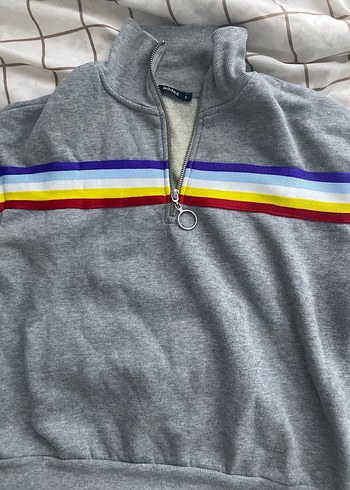 Gri Çizgili Fermuarlı Kadın Sweatshirt - Görsel 4