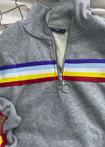 Gri Çizgili Fermuarlı Kadın Sweatshirt - Görsel 2