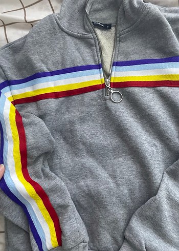 Gri Çizgili Fermuarlı Kadın Sweatshirt - Görsel 3