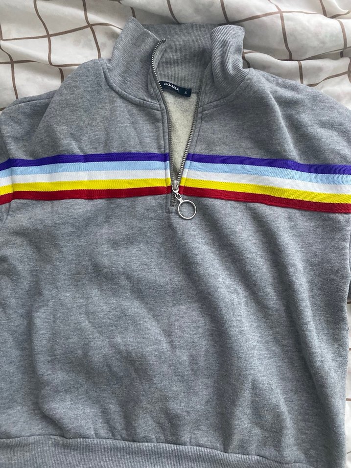 Gri Çizgili Fermuarlı Kadın Sweatshirt - Görsel 4