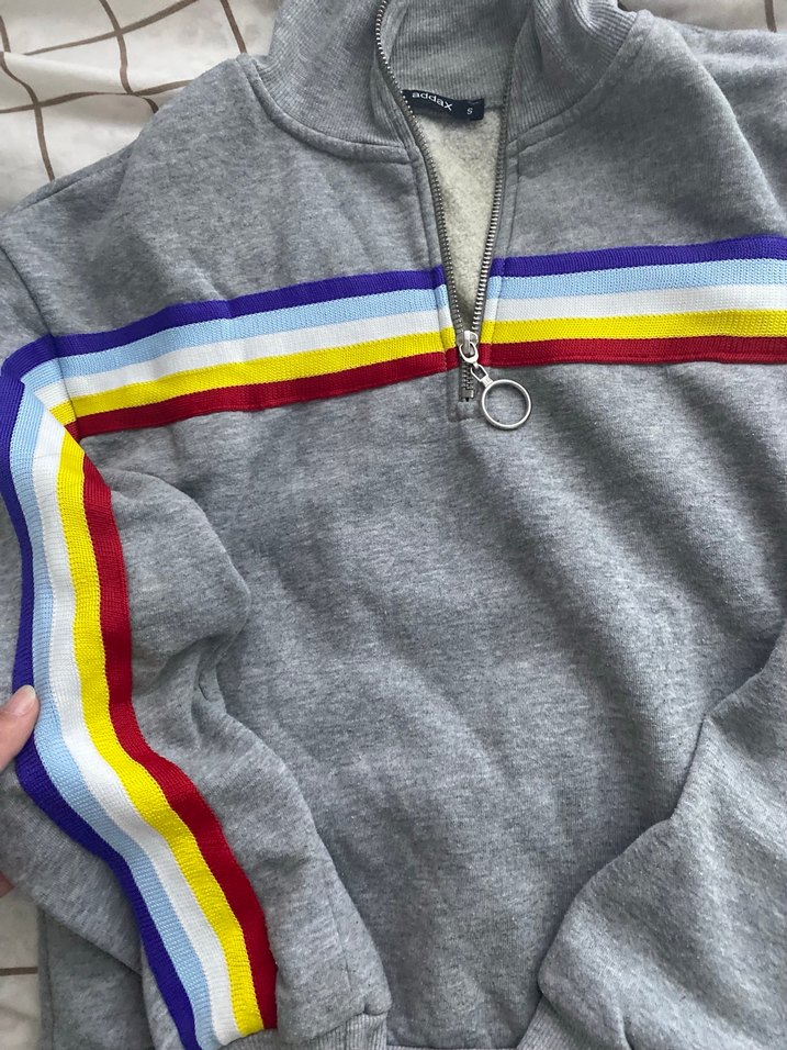 Gri Çizgili Fermuarlı Kadın Sweatshirt - Görsel 3