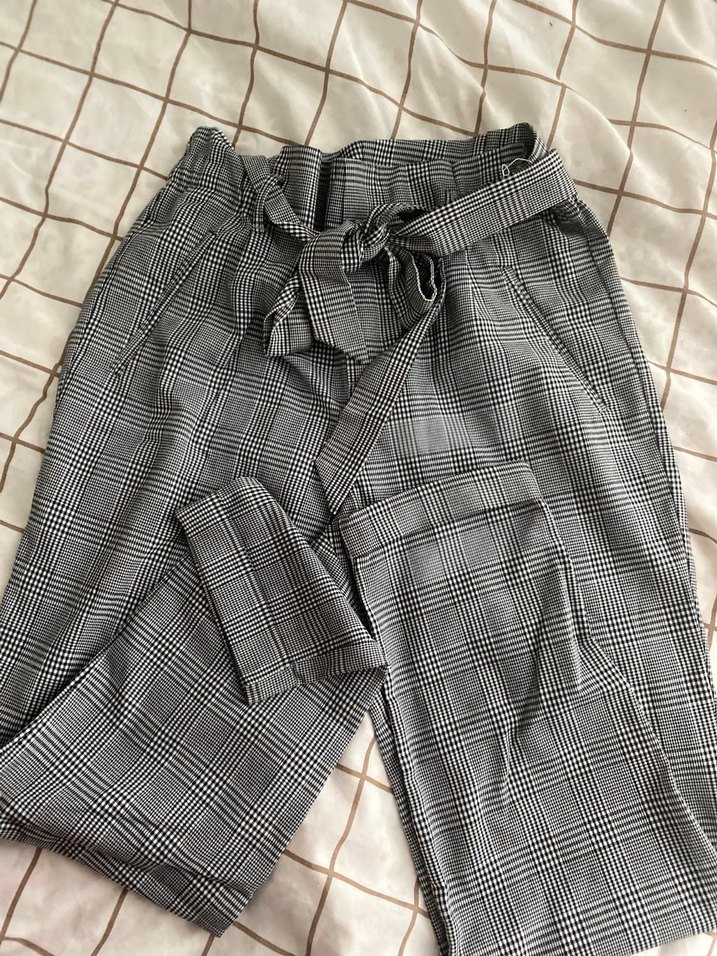Kadın Gri Ekose Kemerli Kumaş Pantolon - Görsel 4