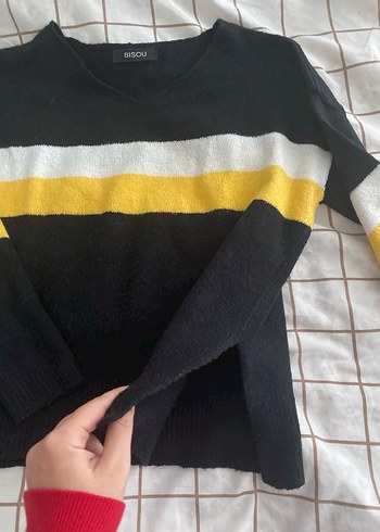 Sarı Çizgili Örgü Kadın Kazak - Görsel 3