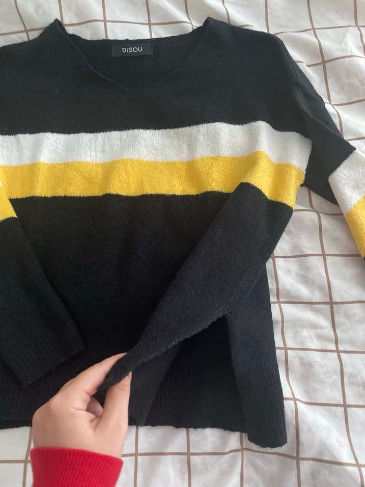 Sarı Çizgili Örgü Kadın Kazak - Görsel 3