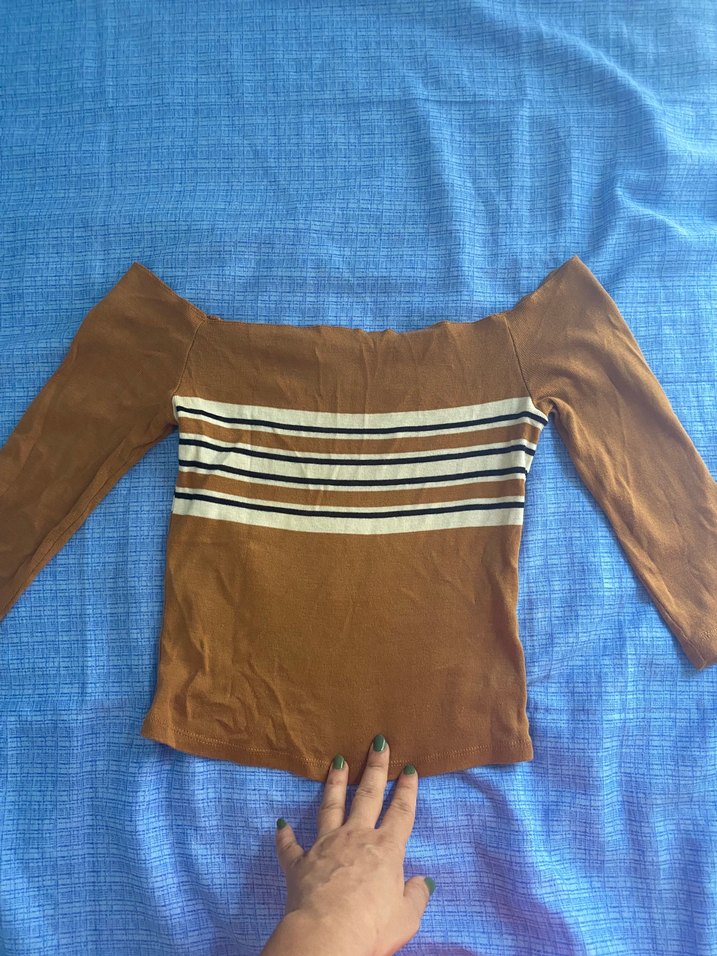 Kahverengi Kayık Yaka Uzun Kollu Triko Bluz - Görsel 2