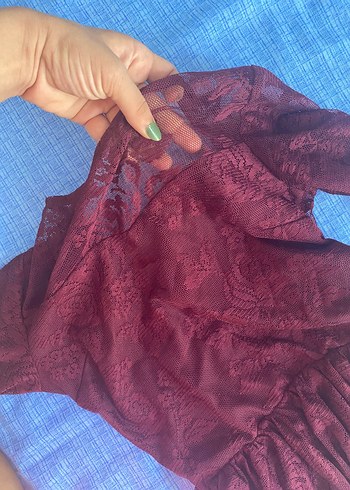 Bordo  Dantel Elbise - Görsel 7