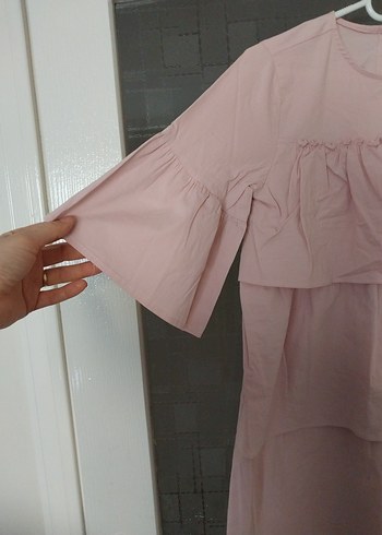 Pembe Hamile Midi Bluz, Fırfırlı, Rahat Kesim - Görsel 2