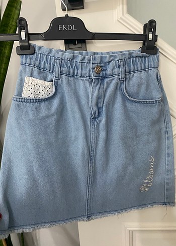 Dantel Detaylı Nakışlı Açık Mavi Kız Kot Etek - Görsel 2