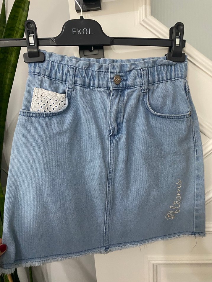 Dantel Detaylı Nakışlı Açık Mavi Kız Kot Etek - Görsel 2