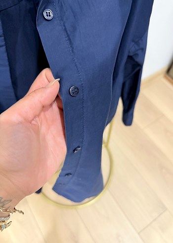 38 Beden mavi Renk Düğmeli Mavi Keten Kadın Gömlek
