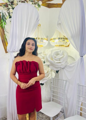 Kırmızı Straplez Fırfırlı Mini Elbise - Görsel 3