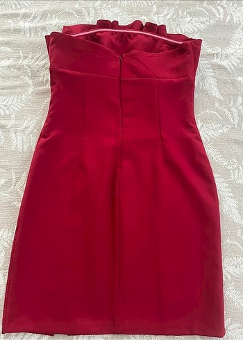 Kırmızı Straplez Fırfırlı Mini Elbise - Görsel 2