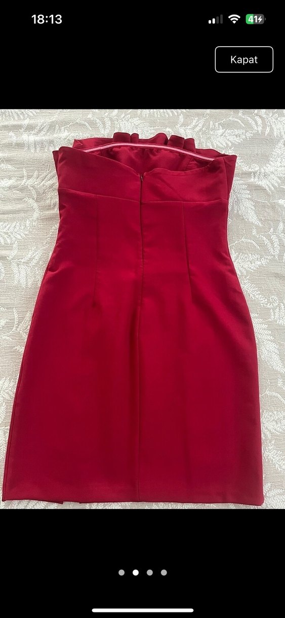 Kırmızı Straplez Fırfırlı Mini Elbise - Görsel 2