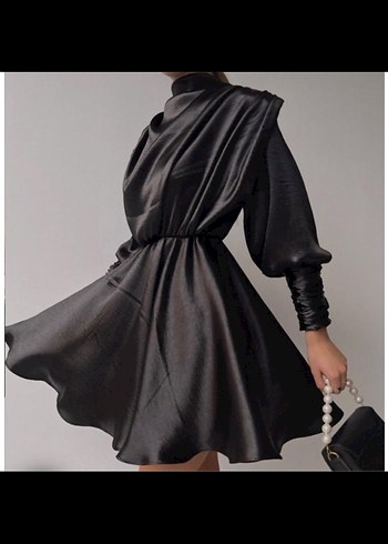 Siyah Saten Mini Drapeli Kadın Elbise - Görsel 2