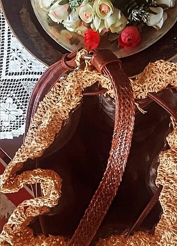Beden camel Renk Handmade elişi kağıt ip örgü çanta