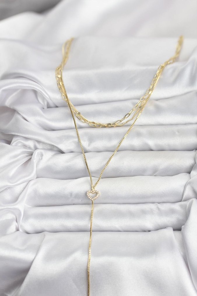 Uzun Zincir Detaylı Altın Renk Çelik Kadın Kolye - Görsel 2