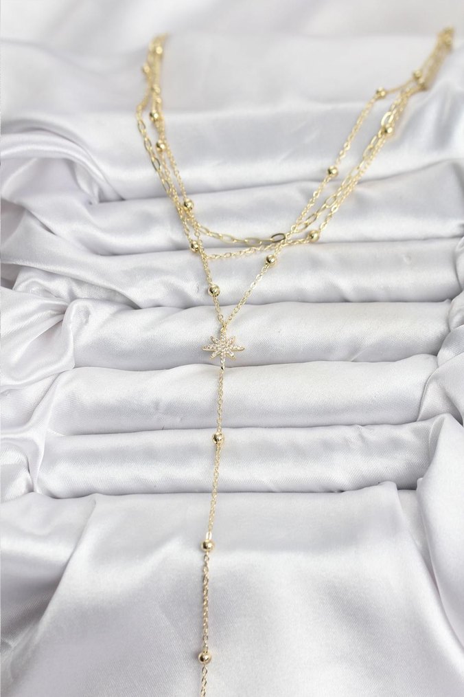 Uzun Zincir Detaylı Altın Renk Çelik Kadın Kolye - Görsel 2