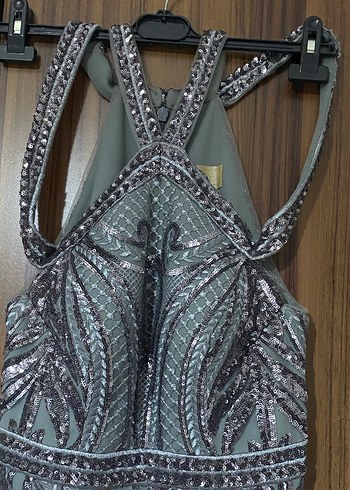 Alfa beta Uzun Gri Kadın Abiye Elbise - Görsel 3