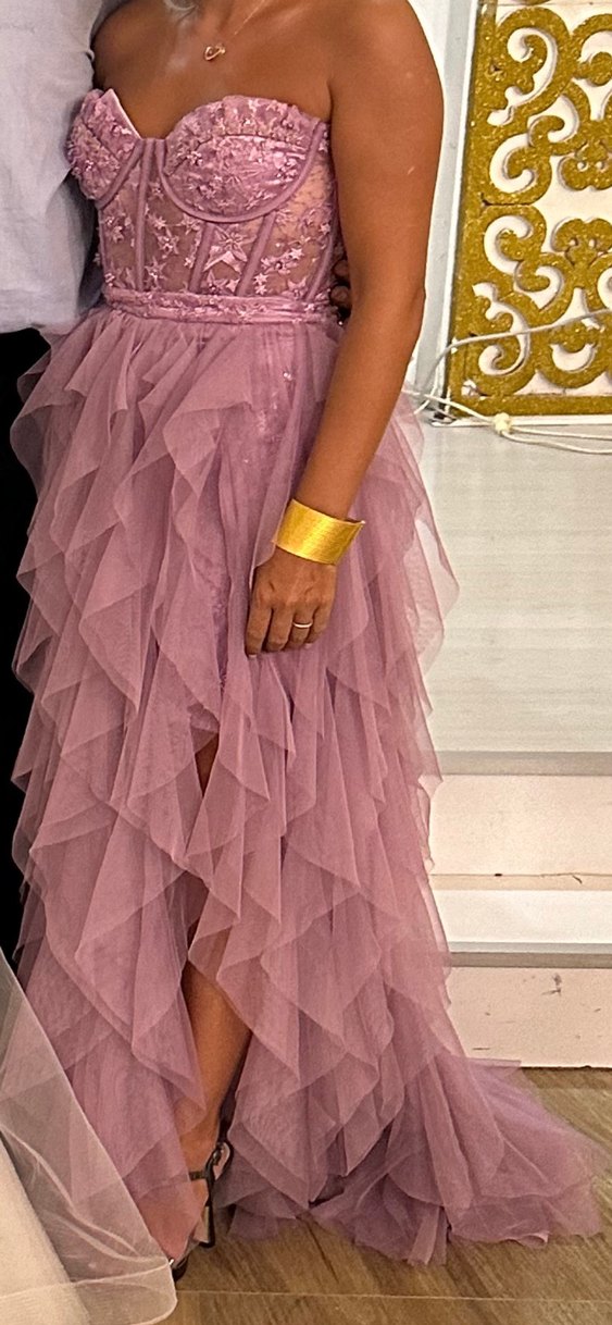 Alfa beta Lila pembe Fırfırlı Straplez Gece Elbisesi - Görsel 2