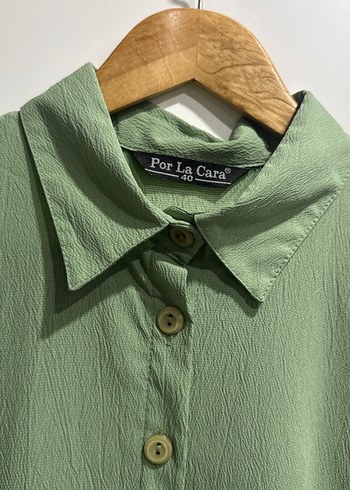 Düğmeli Uzun Kollu Yeşil Keten Tunik - Görsel 2