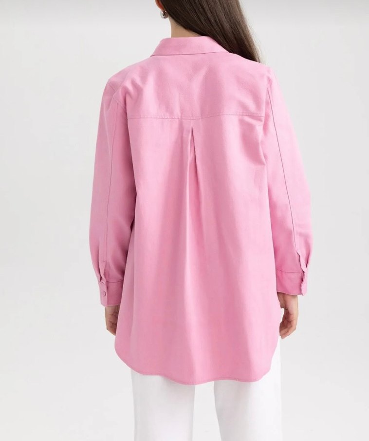 Düğmeli Pembe Pamuklu Uzun Kollu Kot Ceket-Gömlek - Görsel 3