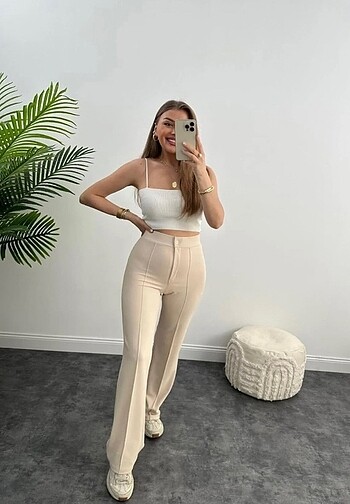 36 Beden camel Renk Nervür dikişli likralı kumaş pantolon