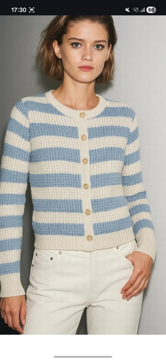 Mavi Çizgili Düğmeli Triko Hırka - Görsel 2