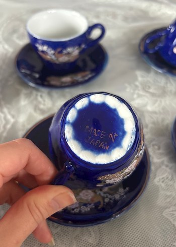 Vintage Koyu Mavi Çiçek Desenli 6'lı Fincan Takımı - Görsel 2