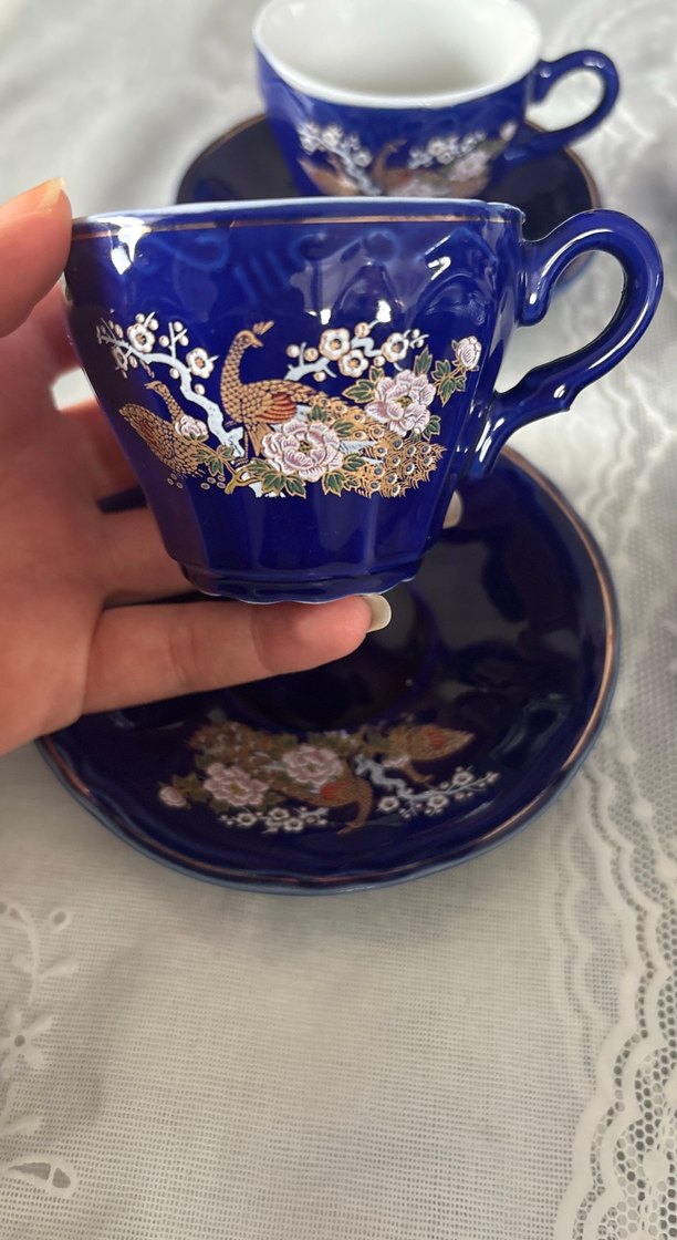 Vintage Koyu Mavi Çiçek Desenli 6'lı Fincan Takımı - Görsel 3