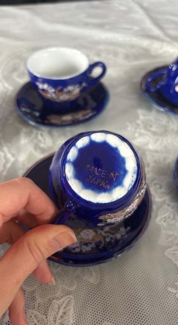 Vintage Koyu Mavi Çiçek Desenli 6'lı Fincan Takımı - Görsel 2