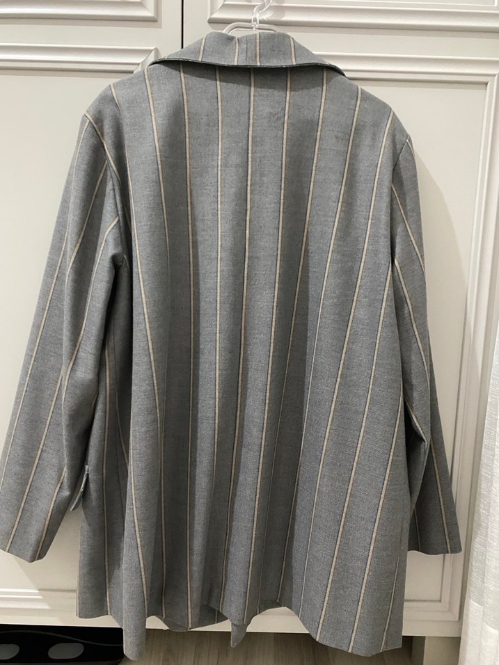 Düğmeli Gri Çizgili Kadın Blazer Ceket - Görsel 3