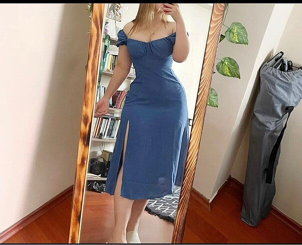 l Beden mavi Renk Midi elbise