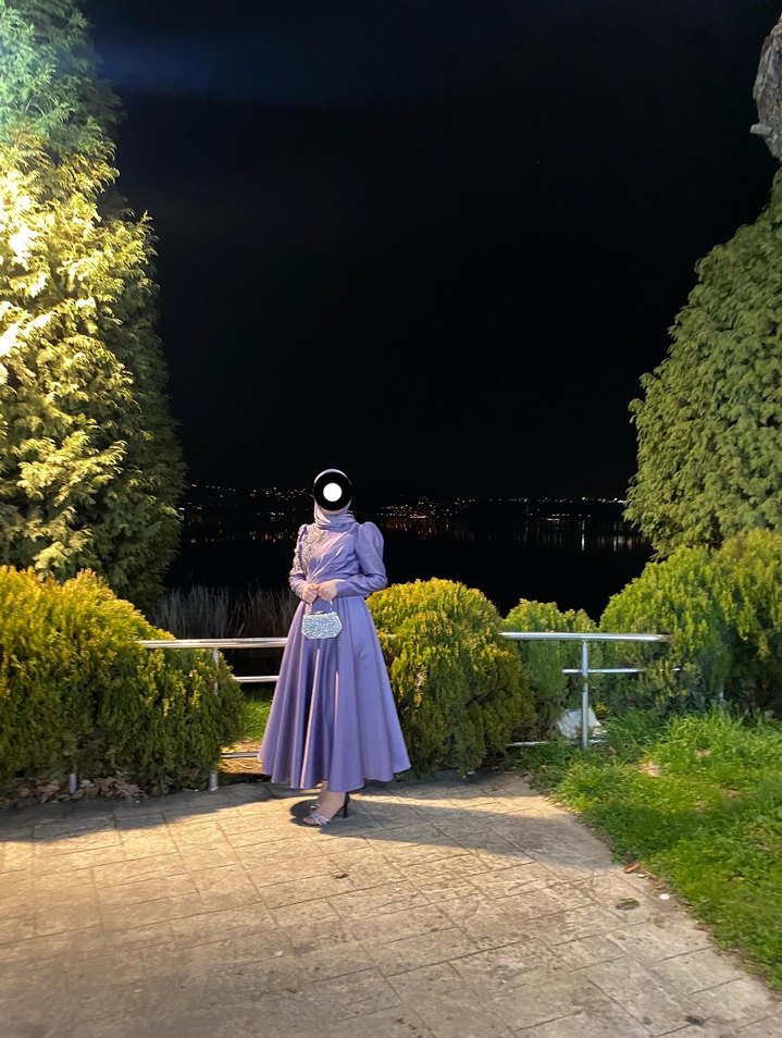 Mor Drapeli Uzun Kollu Abiye Elbise - Görsel 2