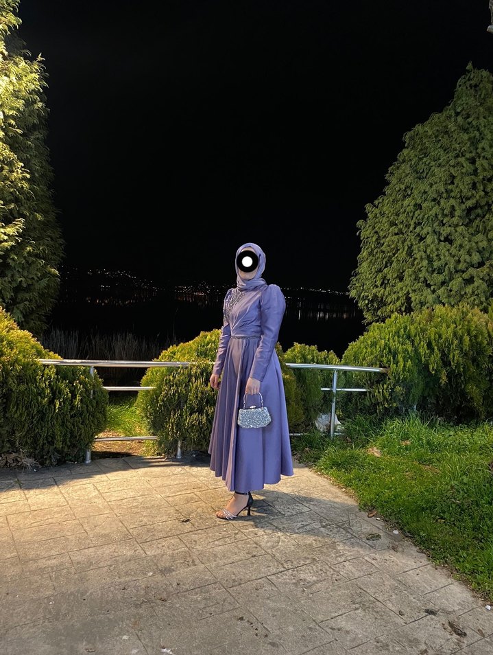 Mor Drapeli Uzun Kollu Abiye Elbise - Görsel 3