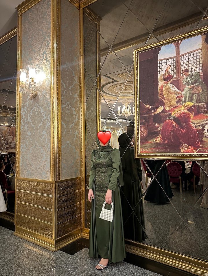 Nakışlı, Uzun Kollu, Haki Uzun Abiye Elbise - Görsel 2