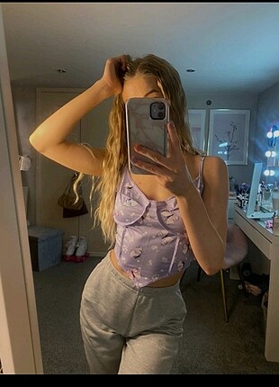 s Beden lila kelebekli Crop Top