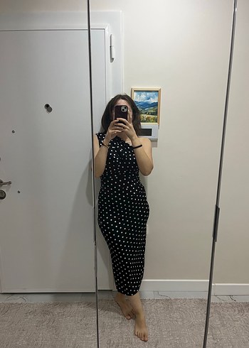 Siyah Puantiyeli Midi Kalem Elbise