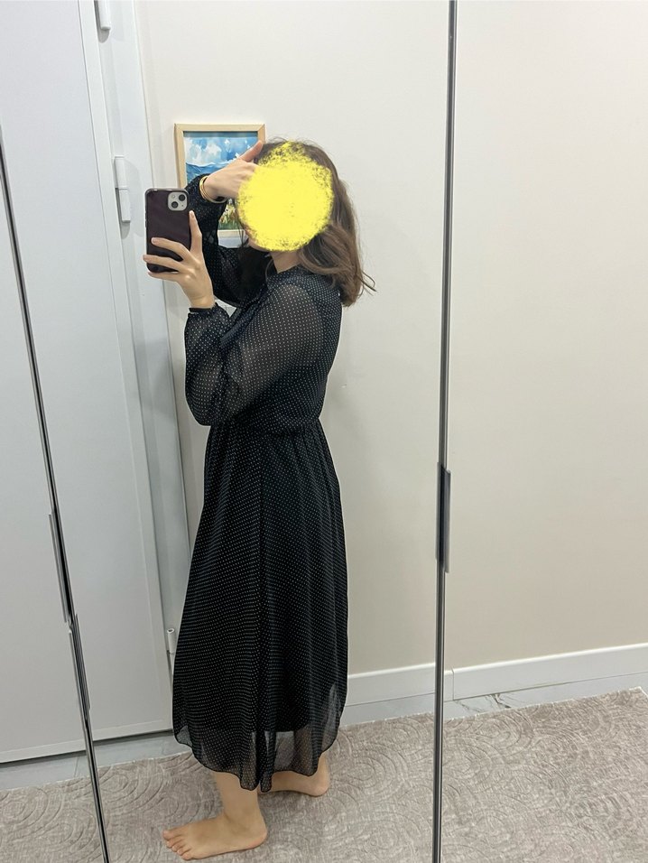 Uzun Kollu Siyah Puantiyeli Midi Elbise - Görsel 2