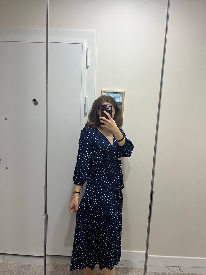 Lacivert Puantiyeli Midi Elbise - Görsel 2