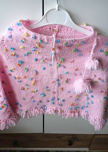 Pembe Nakışlı Bohem Örgü Kız Hırka - Görsel 2