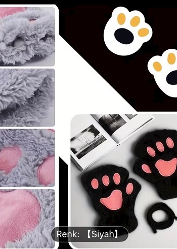 Peluş Siyah Pembe Patili Kadın Eldiven - Görsel 4