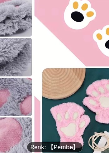 Peluş Siyah Pembe Patili Kadın Eldiven - Görsel 5